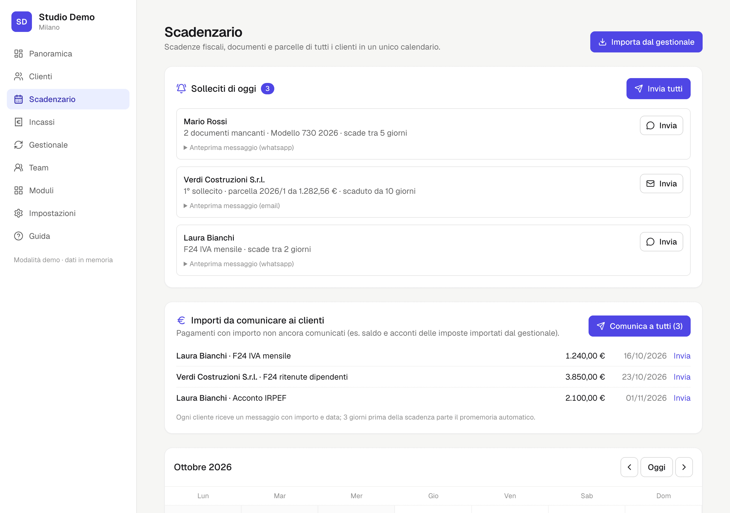 Scadenzario con calendario e solleciti di oggi